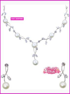 Genuine Freshwater Pearls Floral Necklace Earrings Set with CZ Crystals
